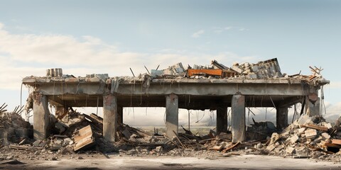 Wrecked Building Panorama with Concrete Debris and Huge Beam on Isolated White Background - Symbol of Destruction, Remains, Waste, and Recycling - obrazy, fototapety, plakaty