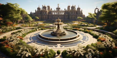A circular garden with a fountain in the middle of it. - obrazy, fototapety, plakaty