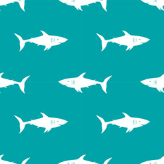 Shark icon on blue background seamless pattern. Monochrome vector illustration