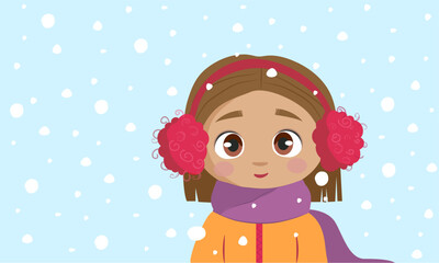 Obraz na płótnie Canvas Vector winter illustration , cartoon cute girl in flat style , with brown hair and eyes, yellow winter jacket , purple scarf , and red pink earmuffs on blue snow background for different design uses.