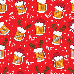 Funny beer mugs in Santa hat and deer antler,and ho ho ho text on red background. Seamless pattern for Christmas.
Good for textile print, wrapping paper, and other decoration.