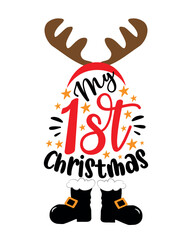 My 1st Christmas - cute reindeer antler and boots. Good for baby clotes, greeting and invitaton card print,  label and other decoration for Christmas.