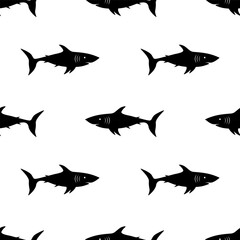 Shark black icon on white background seamless pattern. Monochrome vector illustration	