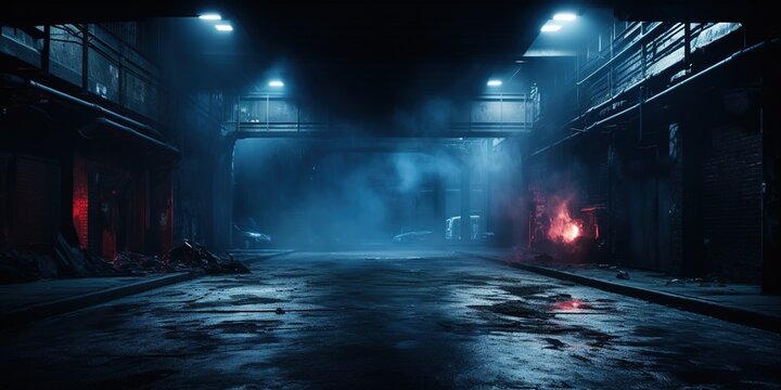 A dark empty street, dark blue background, an empty dark scene, neon light, spotlights The asphalt floor and studio room with smoke float up the interior texture. night view
