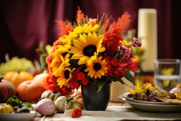 Obraz na płótnie Canvas bouquet of seasonal flowers arranged on a holiday table setup