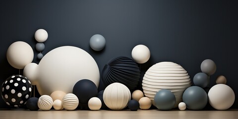 A group of different shapes and sizes of balls on a wall with a black and white wallpaper behind them and a gray and white wall