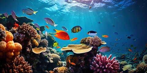 A group of fish swimming over a coral reef in the ocean. - Powered by Adobe