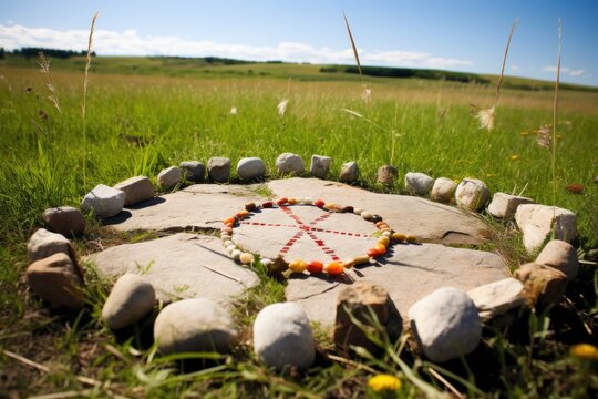 medicine wheel made of stones in prairie grasslands