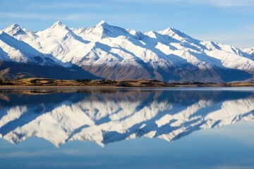Fototapeta na wymiar snow-capped peaks reflected in a placid lake