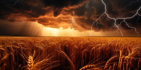 A lightning storm over a field of wheat. - obrazy, fototapety, plakaty