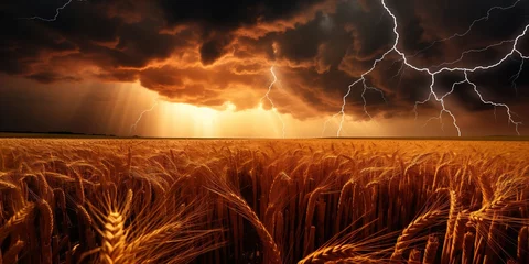 Foto op Canvas A lightning storm over a field of wheat. © Svitlana