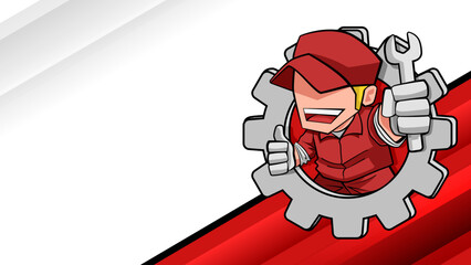 Mechanic cartoon character holding a wrench Inside Gear Frame With Copy Space Banner