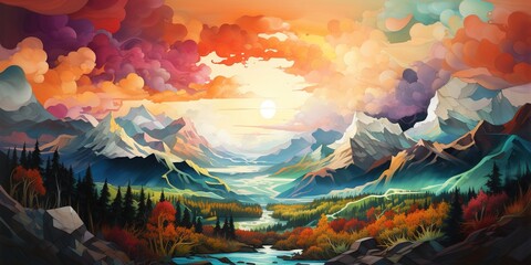 A painting of a mountain range with many layers of different colors.