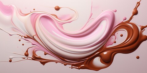 A painting of flowing chocolate and white liquid on a beige background with a pink background and a white and pink background with a white and brown swirl.