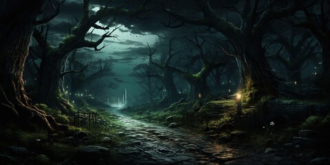 A path in a dark forest at night.