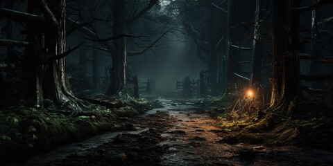 A path in a dark forest at night.