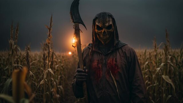 Terrifying Halloween character blood spattered cornfield skeleton
