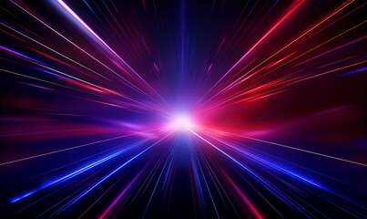 3d rendering in neon light, bunched lines on horizon, display as space with objects, abstract background, colors in blue, red, pink and purple