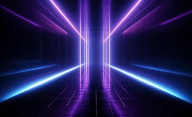 Fototapeta na wymiar 3d rendering in neon light, bunched lines on horizon, display as space with objects, abstract background, colors in blue, red, pink and purple