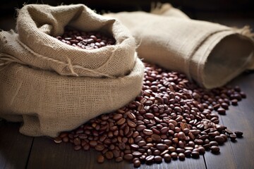 certified fair trade coffee beans in a burlap bag - obrazy, fototapety, plakaty