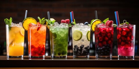 A row of glasses filled with different types of fruit drinks. - obrazy, fototapety, plakaty