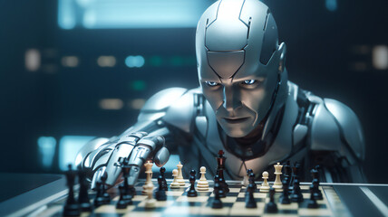 Android, robot, chess, master, artificial intelligence, chess player, checkmate, robotic, opponent, algorithm, strategy, electronic, automation, illustration, Generative AI, Generative, AI,  programmi - obrazy, fototapety, plakaty