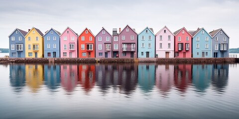 A row of red houses sitting next to a body of water.