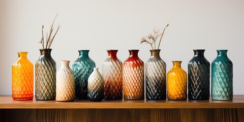 A row of vases sitting on top of a shelf. - obrazy, fototapety, plakaty