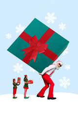 Postcard 3d collage poster of cool funky jolly glamour santa claus carrying huge big heavy giftbox...