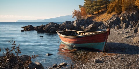 A small boat in a body of water near a rocky shore.