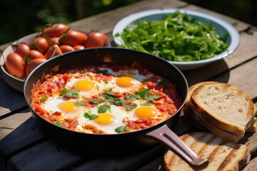 shakshuka drizzled with cream on a picnic bench