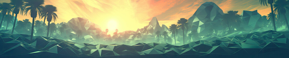 A tranquil polygonal landscape unfolds, with majestic mountains.