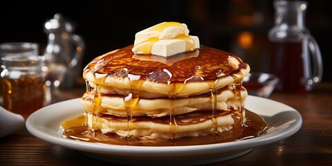 A stack of pancakes with butter and syrup.