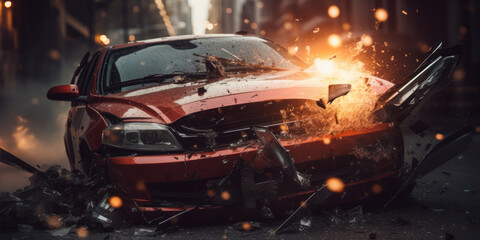 Crushed, dented vehicle conveys a stark image of accident. - obrazy, fototapety, plakaty