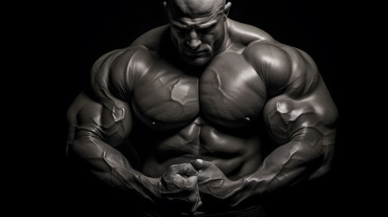 Fototapeta na wymiar very muscular strong male body on steroids, extreme bodybuilding - black and white