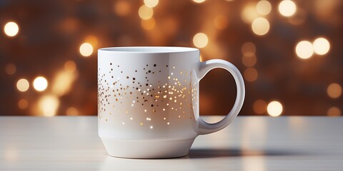 A white mock - up cup with chirstmas light background