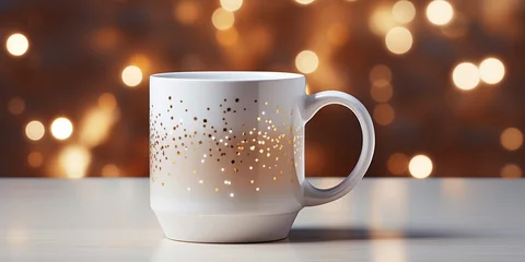 Poster A white mock - up cup with chirstmas light background © Svitlana