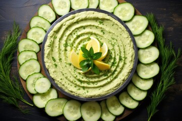 a creative pattern of cucumber slices around a hummus bowl