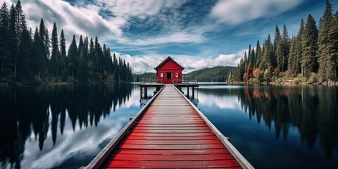 A wooden dock leading to a red building on a lake. - obrazy, fototapety, plakaty