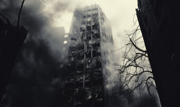 Fototapeta A burnt-out building stands desolate.