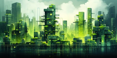 Abstract green city with geometric objects made with