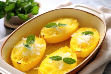 spaghetti squash with garlic and olive oil in a baking dish