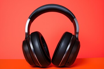 Fototapeta na wymiar black over-ear headphones isolated on a bold red background