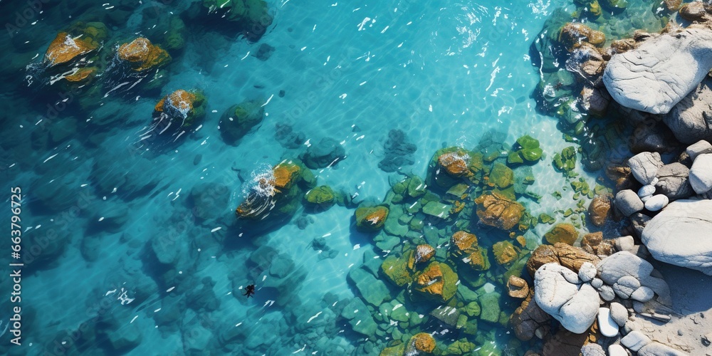 Wall mural an aerial view of a rocky beach with clear blue water. - Wall murals