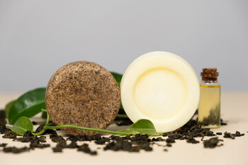 Solid shampoos for hair care, eco-friendly natural cosmetics made from herbs and oils