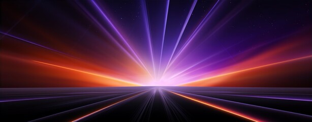 Fototapeta premium 3d rendering in neon light, bunched lines on horizon, display as space with objects, abstract background, colors in blue, red, pink and purple