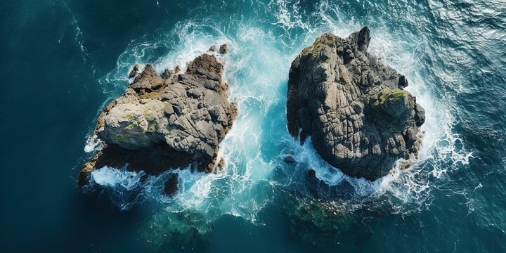 An aerial view of the ocean with a rock in the middle.