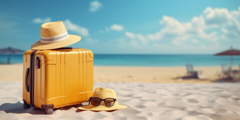 Baggage travel. yellow suitcase with travel accessories such as sunglasses, hat and camera on sea beach background. - obrazy, fototapety, plakaty