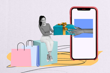 Creative collage of mini happy black white colors girl receive giftbox big arm smart phone display online shop bags super proposition