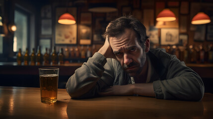 Drunk desperate depressed sad man sitting in a bar drinking hard liquor - obrazy, fototapety, plakaty